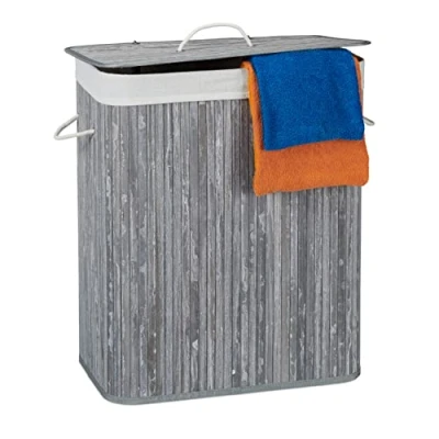 Afbeelding van Relaxdays wasmand 2 vakken bamboe wasbox 95 liter opvouwbaar met deksel grijs