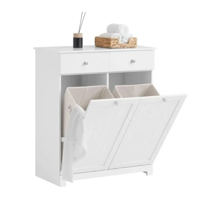 Afbeelding van SoBuy BZR33 W Badkamerkast Opbergkist met 2 Lades en Wasmanden Waskast Laundry Hamper Wit (Breedte 78cm)