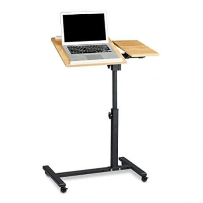 Afbeelding van Relaxdays laptoptafel op wieltjes, HBD 95 x 60 40 cm, ook voor linkshandigen, 2 delig tafelblad, hout, geel