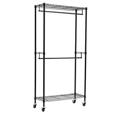 Afbeelding van Amazon Basics Dubbele kledingstang, open met wielen en in hoogte verstelbare planken, maximaal gewicht 181 kg, zwart, 35,5 x 91,4 183 cm (l b h)