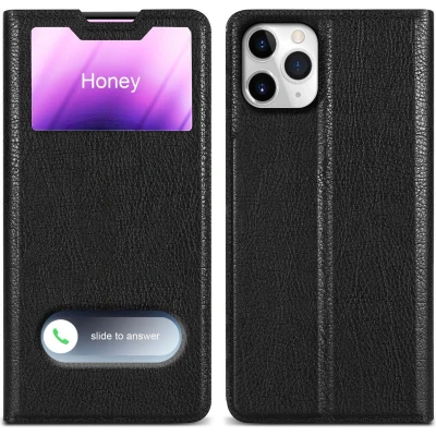 Afbeelding van Cadorabo Hoesje geschikt voor Apple iPhone 11 PRO in KOMEET ZWART Beschermhoes met magnetische sluiting, standfunctie en 2 kijkvensters Book Case Cover Etui