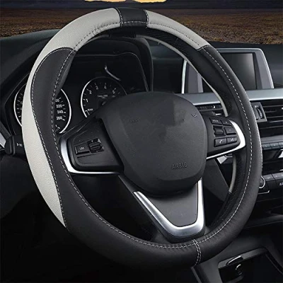 Afbeelding van Microfiber lederen auto stuurhoes, zachte vulling, duurzaam, geen geur, universele 15 inch antislip reliëf patroon A, zwart met rode lijn (zwart grijs)