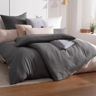 Afbeelding van Soifox Beddengoed 135 x 200 cm, 4 delig, antraciet, beddengoedset van microvezel, strijkvrij en kreukvrij, dekbedovertrek 2 delige set + kussensloop, 2, 80 met ritssluiting