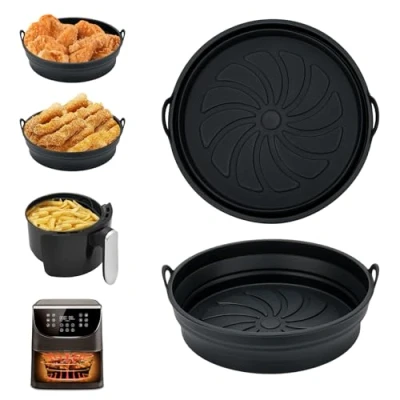 Afbeelding van Alyvisun Air Fryer Silicone Pot, 2 Stuks Airfryer Pan Liners Herbruikbare Heteluchtfriteuse Mand Rond Opvouwbare Tray Rack Accessoires Basket voor Fryers, Magnetron, Oven (Zwart)