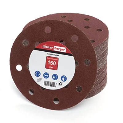Afbeelding van Woltersberger® 50 stuks excentrische schuurschijven Ø 150 mm, korrelmaat P80, 15 gaten in rood, voor optimaal schuren, veelzijdig, klittenbandschuurpapier