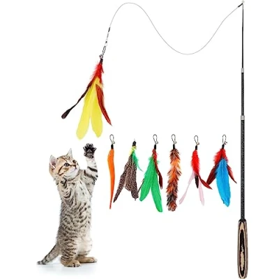 Afbeelding van Pawaboo Feather Teaser Cat Toy, 7PCS Extensible Interactive Wand Toy Flying Catcher with Extra Long 38.6&quot; and Small Bell, Fun Exerciser Playing Colorful Stripes