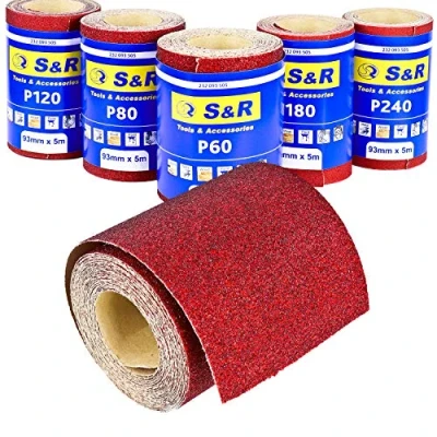 Afbeelding van S&amp;R schuurpapierrollen set, 5 93 mm x m: korrel P60, P80, P120, P180, P240, schuurrollen voor het schuren van hout, metaal, staal, roestvrij staal