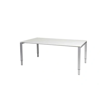 Afbeelding van Domino vergadertafel, hoogte instelbaar (62 85cm) met 180x100cm &#039;zwevend&#039; krijtwit 25mm blad en aluminium (RAL9006) N poot frame