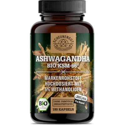 Afbeelding van Ashwagandha KSM 66® BIO BELANGRIJK: 12:1 extract (=3600 mg wortelpoeder per capsule, 300 stuk) MET 5% withanolide I 180 capsules NL SCHEUNENGUT®