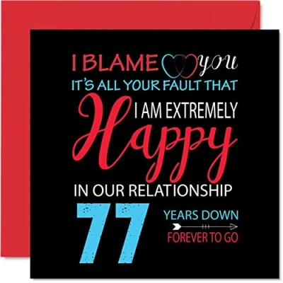 Afbeelding van Grappige 77e verjaardagskaart voor echtgenoot vrouw Your Fault I&#039;m Extremely Happy Gelukkige huwelijksverjaardagskaart partner, 145 mm x wenskaarten zevenenzeventigste jubilea