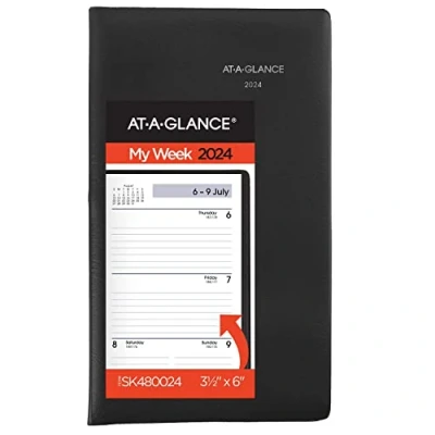 Afbeelding van AT A GLANCE 2024 Weekly Pocket Planner, DayMinder, Open Planning, 3 1/2&quot; x 6&quot;, zakformaat, zwart (SK480024)