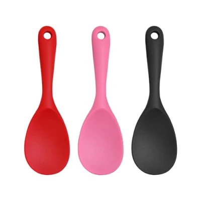 Afbeelding van 3 stuks siliconen kooklepel, rijstlepel, serveerlepel, zwarte grote lepel met ronde kop, rijstlepel lange handgreep, keukengerei (roze, zwart, rood).