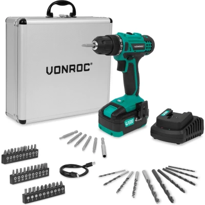 Afbeelding van VONROC Accuboormachine 20V 19 schroefstanden + boorstand Incl. 4.0Ah accu, snellader en 46 accessoires in luxe koffer