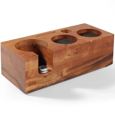 Afbeelding van HOLIHOKY Tamperstation 51 mm 54 mm, zeefhouder van walnoot, tampingstation voor barista accessoires, houten koffiestamperstation met siliconen kussen, instelbare hoogte
