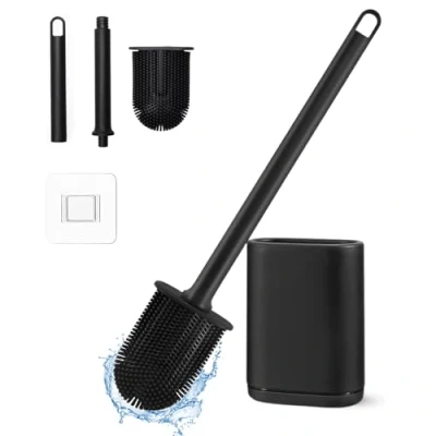 Afbeelding van toiletborstel, siliconen toiletborstel met sneldrogende houder, dieptereinigende toiletborstels en houdersets antislip lang plastic handvat zachte flexibele