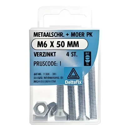Afbeelding van Deltafix Metaalschroef verzinkt PK + Moer M6 x 50 mm 4 stuks