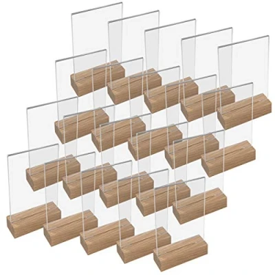 Afbeelding van HMF 46944 acryl tafelstandaard met houten voet, 20 stuks, DIN A4 staand formaat, doorzichtig