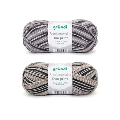 Afbeelding van Gründl Sokkenwol Duo breiset van 2 x 100 g sokkengaren (75% scheerwol (superwash), 25% polyamide) + handleiding (mogelijk niet beschikbaar in het Nederlands), grijs lichtgrijs zwart