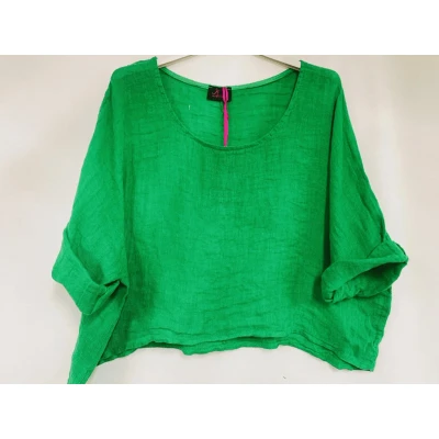 Afbeelding van Luchtige linnen korte crop top ronde hals raglan mouwen kleur GRAS GROEN one size