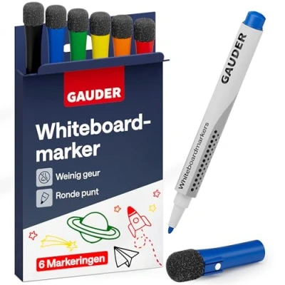 Afbeelding van GAUDER whiteboard marker set (6 stuks) stiften kleuren) droog en restloos uitwisbaar uitwisbare met sponsje ideaal voor whiteboards magneetborden