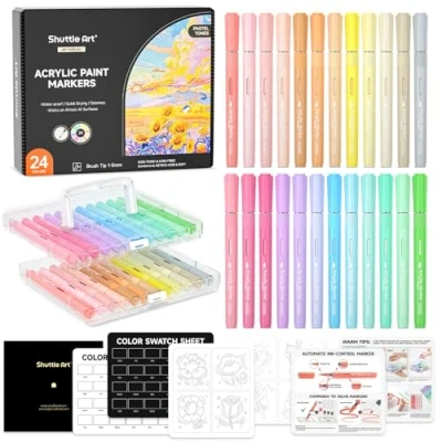 Afbeelding van Shuttle Art Automatische inktcontrole acrylverfmarkers, 24 pastelkleuren penseelpunt acrylverfpennen voor rotsschilderen, keramiek, hout, canvas, glas, steen, stof, kaarten maken, doe het zelf en