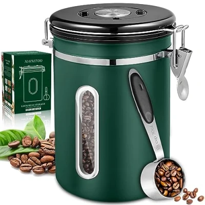 Afbeelding van MAISITOO koffiekan luchtdicht 1.8L, koffiebonenreservoir van roestvrij staal met transparant venster, datumweergave en schepje, voorraadpot voor de aromabescherming uw koffie, thee noten langer