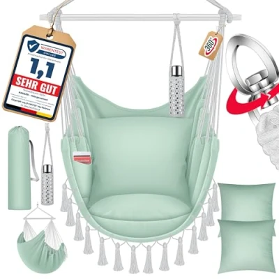 Afbeelding van KESSER® Hangstoel Safari XXL voor Volwassenen en Kinderen Hangmat tot 150 kg Ophanging Indoor Outdoor Wonen Incl. draagtas, 2 kussens, bekerhouder &amp; Boekenvak, Lichtgroen