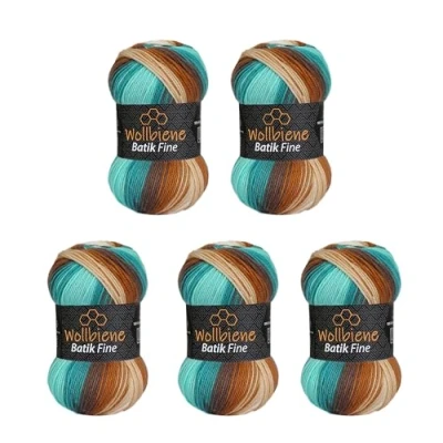 Afbeelding van 5 x 100 g Wollbiene Batik Fine 500 gram wol met kleurverloop meerkleurige breiwol haakwol (1520 bruin mint wit)