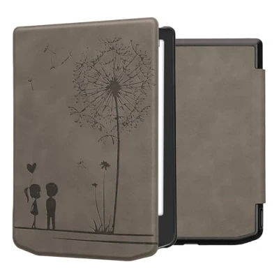 Afbeelding van kwmobile e reader hoesje compatibel met Pocketbook Verse/Verse Pro/Verse Color/Vivlio Light/Light HD Kunstleren ereader cover stand Paardenbloemen Liefde in grijs