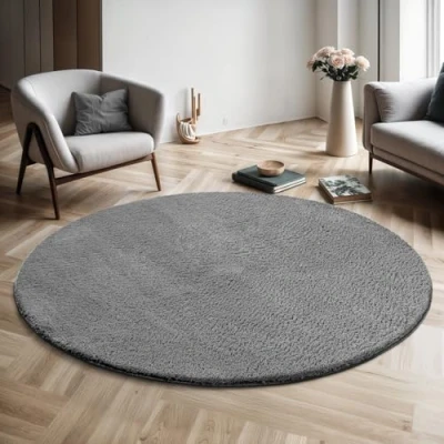 Afbeelding van the carpet relax Moderne pluizige kortpolige tapijt, antislip onderkant, wasbaar tot 30 graden, superzacht, bontlook, Antraziet, 120 cm Rond