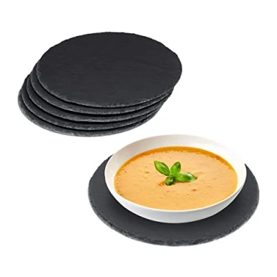 Afbeelding van Relaxdays leisteen serveerplank 6 stuks pizzabord rond 25 cm onderzetters