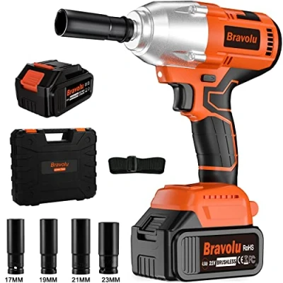 Afbeelding van Bravolu Accu Slagschroevendraaier, Hoog Koppel MAX 520 Ft lbs (700N.m) Sleutel, 21V Slagmoersleutel Borstelloze Motor, 1/2&quot; Chuck, 4.0Ah Li ion Batterij, 4Pcs Effectdoppen