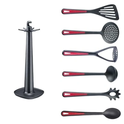 Afbeelding van Westmark Keukengerei Draaibare standaard Gallant met aardappelstamper, groentelepel, spaghettilepel, soeplepel, schuimspaan en spatel Zwart/Rood, 7 delige set