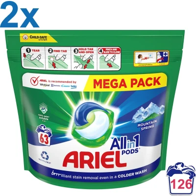 Afbeelding van Ariel Mountain Spring All in 1 Wasmiddel Wascapsules Pods 126 Wasbeurten Voordeelverpakking