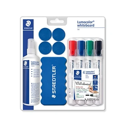 Afbeelding van STAEDTLER Whiteboardset Lumocolor, praktische basisuitrusting voor whiteboards met markers, wissers, reinigingsspray en kleefmagneten, hoge kwaliteit, Made in Germany, 613 S