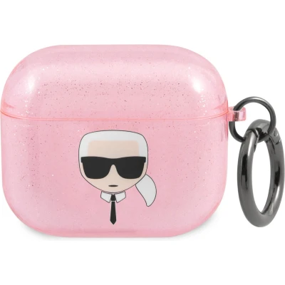 Afbeelding van Karl Lagerfeld Karl&#039;s Head Silicone Glitter Case voor de Apple AirPods 3 (2021) Roze
