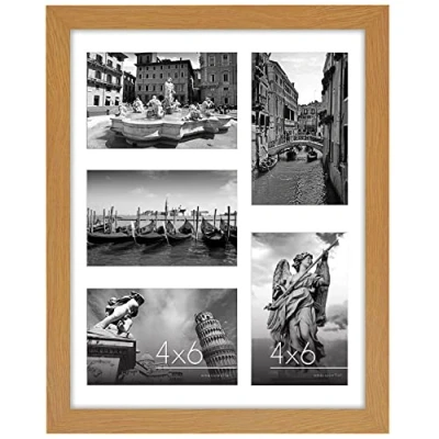 Afbeelding van Americanflat 11x14 collage fotolijst in eiken met vijf 4x6 beeldschermen versplinterbestendig glas horizontale en verticale formaten voor muur