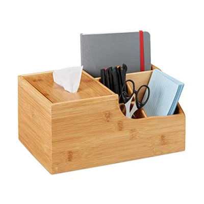 Afbeelding van Relaxdays bureau organizer make up bamboe tissue box 5 vakken opbergen