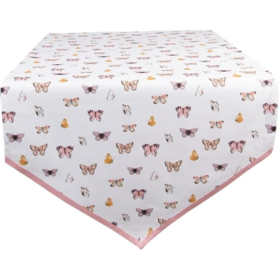 Afbeelding van Clayre &amp; Eef Tafelloper 50x160 cm Beige Roze Katoen Vlinders Tafelkleed