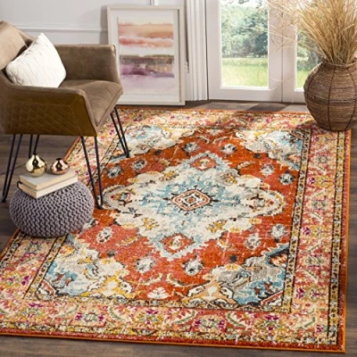 Afbeelding van SAFAVIEH Monaco Collection Boho tapijt voor woonkamer, eetkamer, slaapkamer korte pool, oranje en lichtblauw, 91 x 152 cm