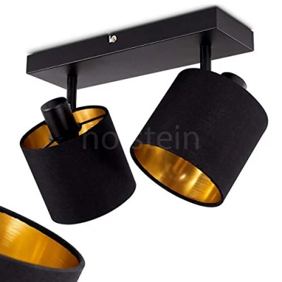 Afbeelding van plafondlamp Alsen, metaal/stof in zwart/goud, 2 vlammen, met verstelbare spots, x E14, spot stoffen kappen retro/vintage design, zonder gloeilamp