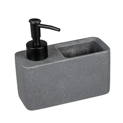 Afbeelding van WENKO Afwasmiddeldispenser Resa, zeepdispenser voor in de keuken steenlook met handig sponsvakje, inclusief afwasspons, navulbaar, vulinhoud ca. 150 ml, 14,5 x 14,3 6 cm, donkergrijs