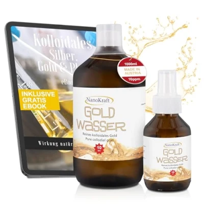 Afbeelding van Colloïdales Gold 1000 ml / 10 ppm, e book om te downloaden, roze goudwater met spuitfles, 100 ml, HVAC productie in laboratoriumomgeving, bruine glazen fles, maatbeker, hoge concentratie, zeer effectief