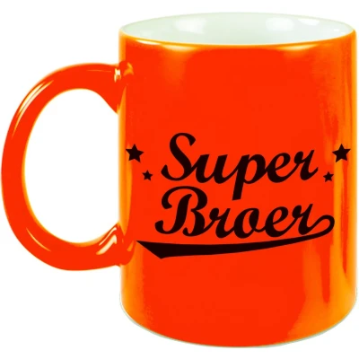 Afbeelding van Super broer cadeau mok / beker neon oranje 330 ml verjaardag bedankt feest mokken