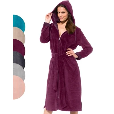 Afbeelding van Morgenstern badjas met rits dames capuchon bamboe katoen microfiber badstof velour bordeaux XL