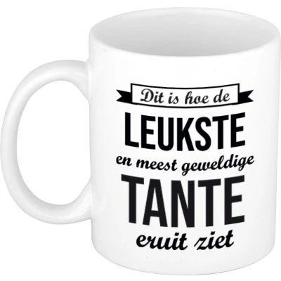 Afbeelding van Leukste en meest geweldige tante cadeau mok / beker wit 300 ml feest mokken