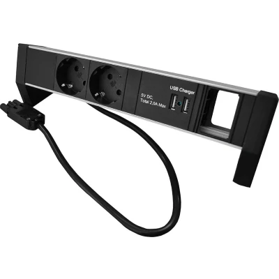 Afbeelding van Plenty desktop stekkerdoos met Prolink installatiestekker en 2 contacten, 2x USB A 1 module opening / zwart/zilver 0,60 meter