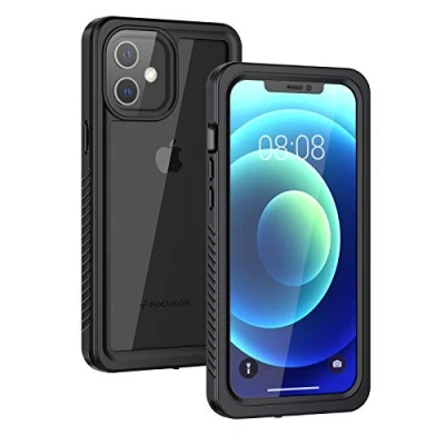 Afbeelding van Focusor Hoes voor iPhone 12, IP68 waterdicht, beschermhoes, stootvast, stofdicht, outdoor pantserhoes met ingebouwde displaybescherming, zwart