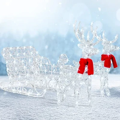 Afbeelding van KESSER® 240 LED rendieren met slee witte timer incl. 2X decoratieve kerstverlichting voor buiten en binnen kerstfiguur kerstdecoratie permanente verlichting knipperend