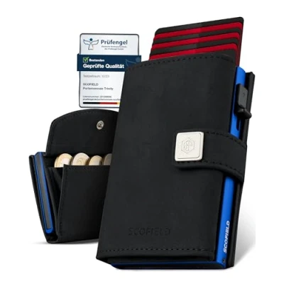 Afbeelding van SF SCOFIELD Trinity Slim Wallet met muntenvak, premium creditcardhouder voor heren, 10 12 kaarten, RFID bescherming, portefeuille mannen, Smart Wallet, Zwart Midnight Blue, Münzfach Max,